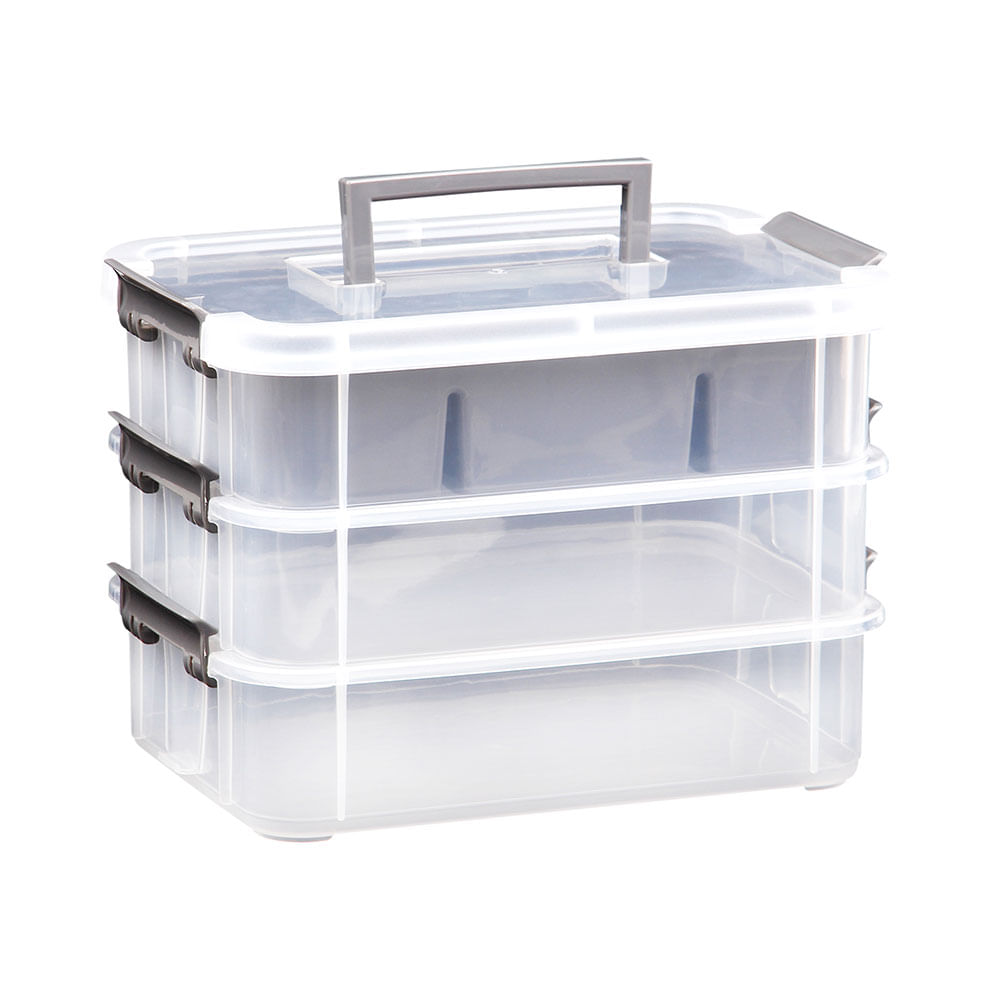 Set X3 Cajas Organizadoras Plasticas Transparentes de 6 L, 12 L, y 24 L con  manijasy trabas.