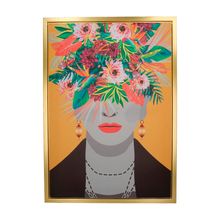 Cuadro deco dama flores borde dorado 50x70 cm