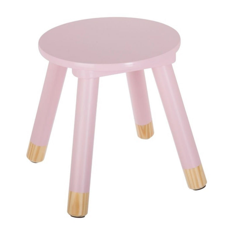 Taburete redondo de felpa rosa, pie de madera, taburete de piel