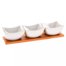 Set appetizer 3 pzas ceramica blanco con base de madera
