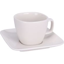 Taza y platillo de porcelana blanca