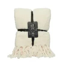 Manta blanca de peluche de poliester con flecos