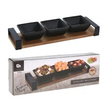 Set appetizer 3 pzas ceramica negro con base de madera