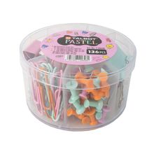 Caja plast. redonda con variedad de clips vinyl ps