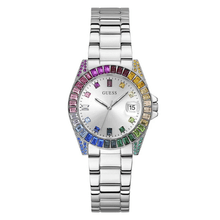 RELOJ GUESS PLATEADO CON DISEÑO DE PIEDRAS DE COLORES